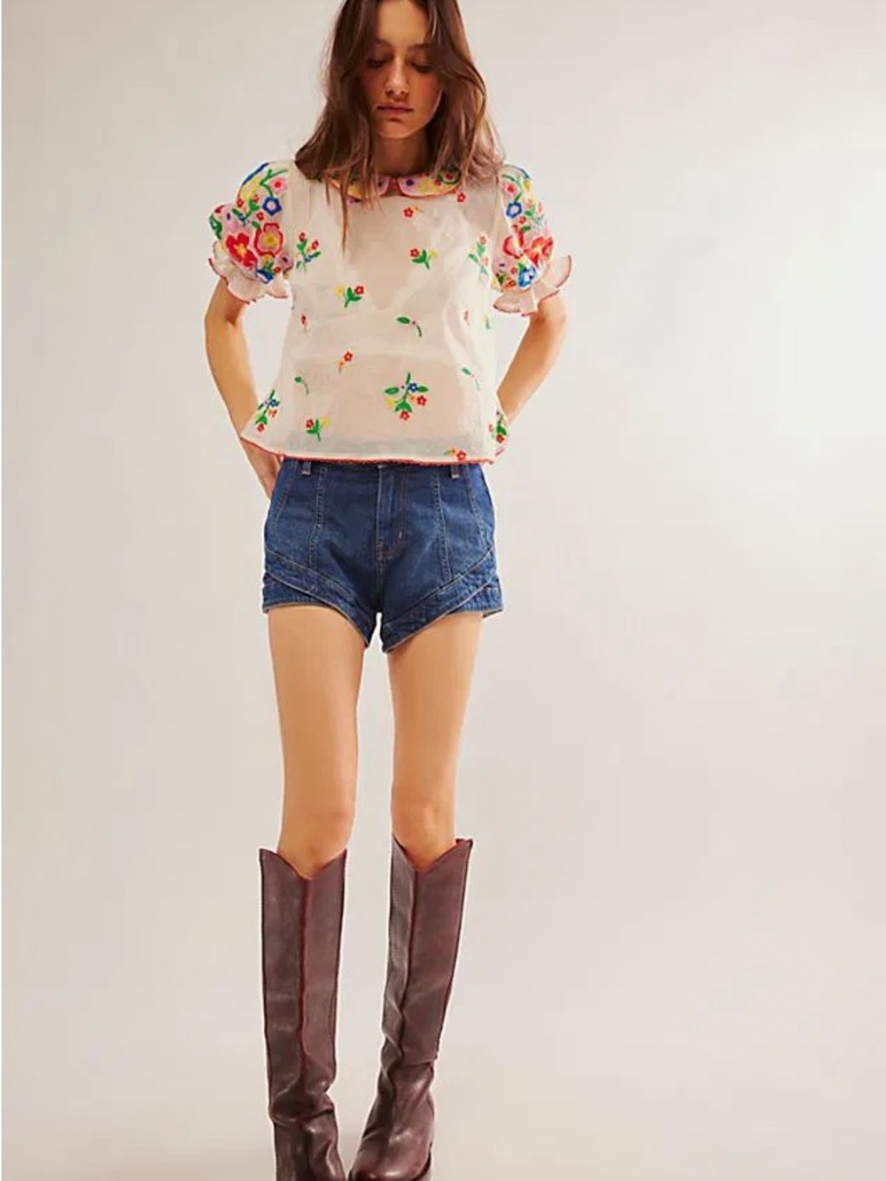 Free People White Floral Embroidered Puff-Sleeve Top